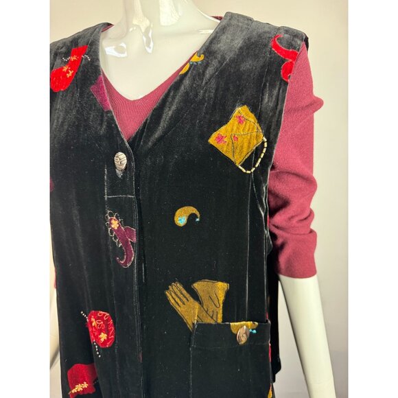 Vintage David Dart Collection Embroidered Velvet Vest Black Pink Whimsical Art W - Picture 16 of 16